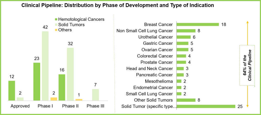 Hematological cancers have 12 approved , 23 in phase I and 16 in phase II of clinical pipeline for ADC. 