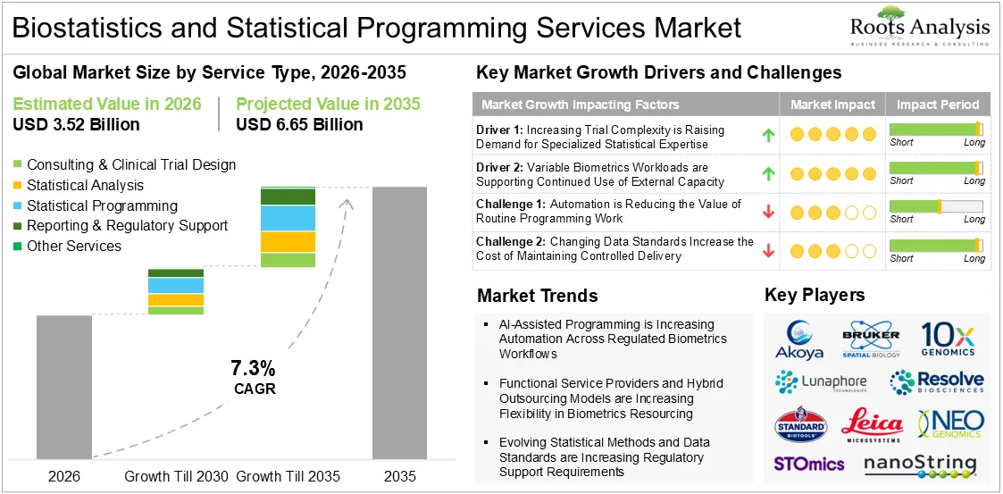 Biostatistics and statistical programming services market overview showing 2026-2035 growth by service type, key drivers, challenges, trends and players.