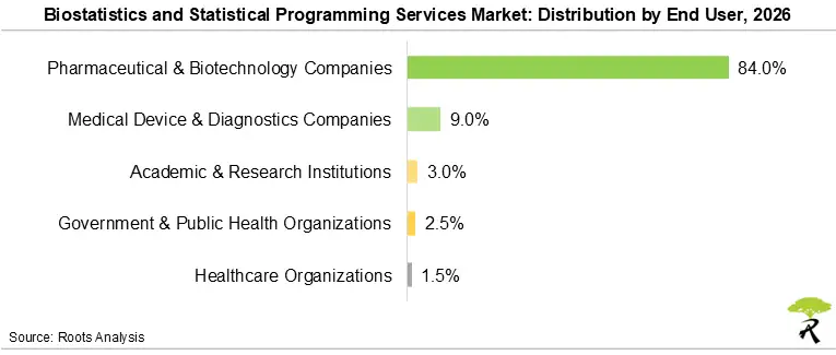 Pharmaceutical and biotechnology companies lead the biostatistics and statistical programming services market by end user with an 84.0% share in 2026.