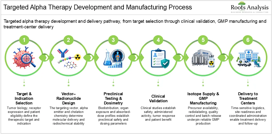 Six-step targeted alpha therapy development and manufacturing pathway from target selection and radionuclide design through clinical validation, GMP manufacturing and treatment-center delivery.